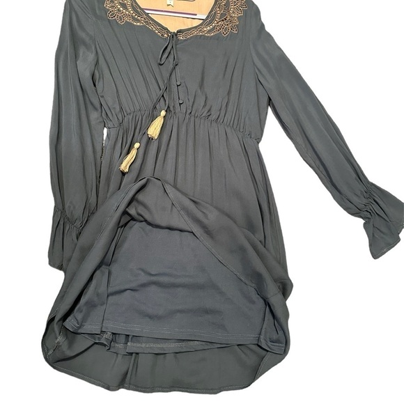 L Love Boho Lined Olive Green Dress Knee Length Tassels Tie Women's Medium - Picture 3 of 10